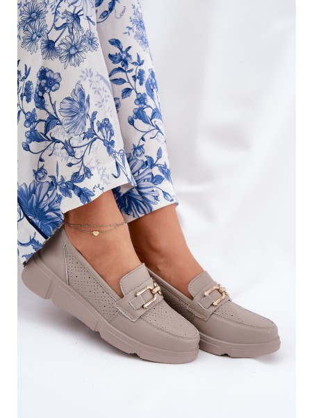 Ladies Leather Moccasins with Golden Detail Ciemnobeżowe Vinceza 88007