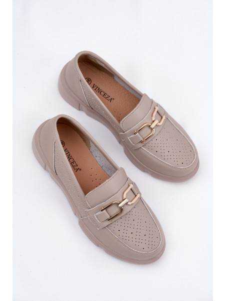 Ladies Leather Moccasins with Golden Detail Ciemnobeżowe Vinceza 88007
