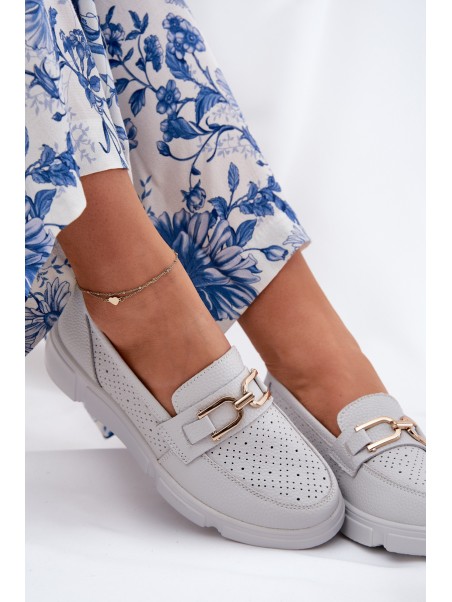 Women's Leather Loafers with Golden Detail Jasnoszare Vinceza 88007