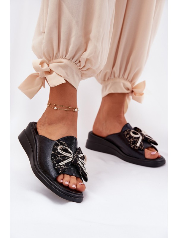 Women's Wedge Sandals With Bow Black Moonzella
