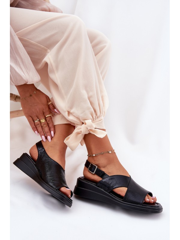Lacquered Women's Wedge Sandals Made Of Eco Leather Black Quilara
