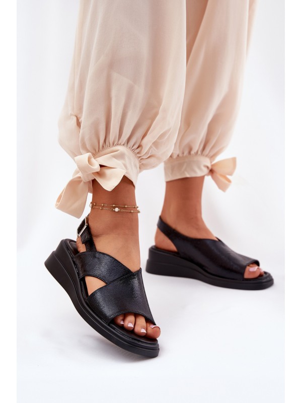 Lacquered Women's Wedge Sandals Made Of Eco Leather Black Quilara 2