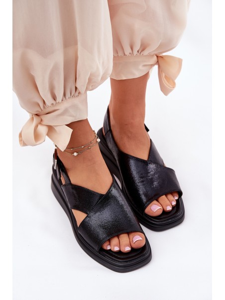 Lacquered Women's Wedge Sandals Made Of Eco Leather Black Quilara