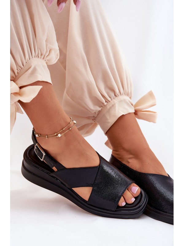 Lacquered Women's Wedge Sandals Made Of Eco Leather Black Quilara