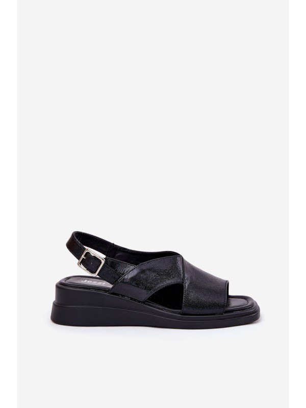 Lacquered Women's Wedge Sandals Made Of Eco Leather Black Quilara