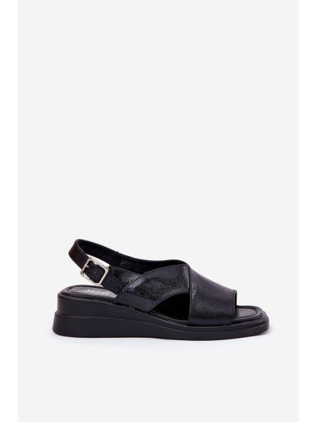 Lacquered Women's Wedge Sandals Made Of Eco Leather Black Quilara