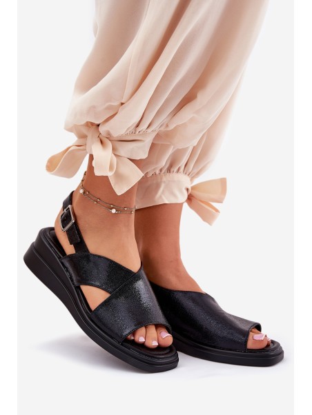Lacquered Women's Wedge Sandals Made Of Eco Leather Black Quilara