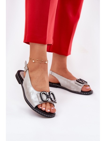 Flat Sandals With Decoration Eco Leather Silver Lilria