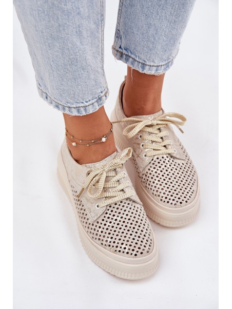 Suede Ladies Lace-Up Shoes On Platform Artiker 56C2108 Beige-Gold