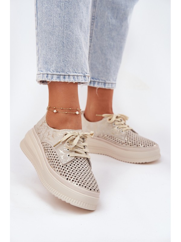 Suede Ladies Lace-Up Shoes On Platform Artiker 56C2108 Beige-Gold