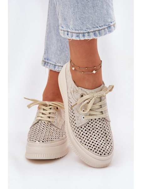 Suede Ladies Lace-Up Shoes On Platform Artiker 56C2108 Beige-Gold