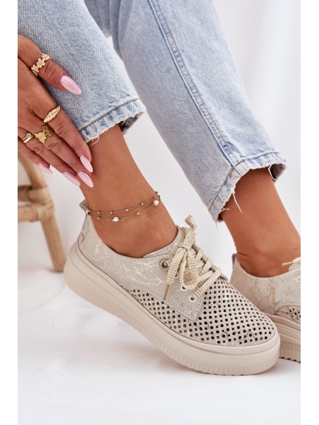 Suede Ladies Lace-Up Shoes On Platform Artiker 56C2108 Beige-Gold