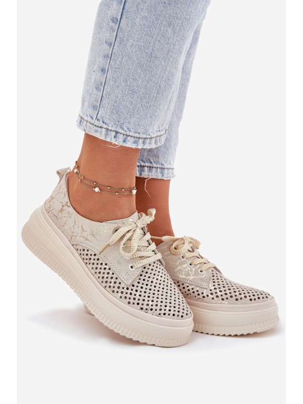 Suede Ladies Lace-Up Shoes On Platform Artiker 56C2108 Beige-Gold