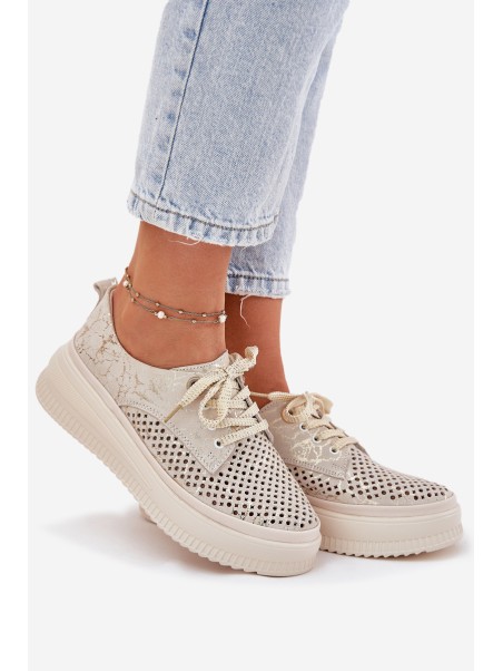 Suede Ladies Lace-Up Shoes On Platform Artiker 56C2108 Beige-Gold