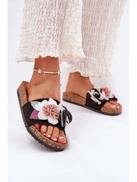 Women's Slides With Flowers On Cork Platform Black Zinrosa