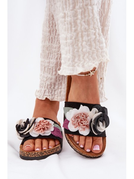 Women's Slides With Flowers On Cork Platform Black Zinrosa