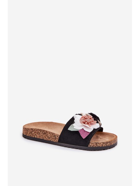 Women's Slides With Flowers On Cork Platform Black Zinrosa