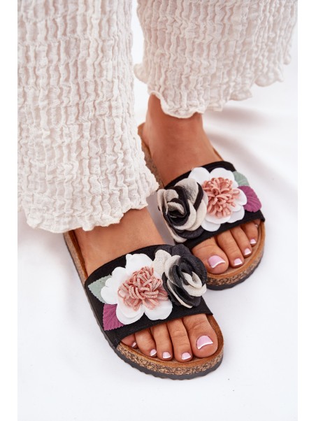 Women's Slides With Flowers On Cork Platform Black Zinrosa