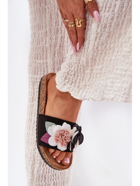 Women's Slides With Flowers On Cork Platform Black Zinrosa