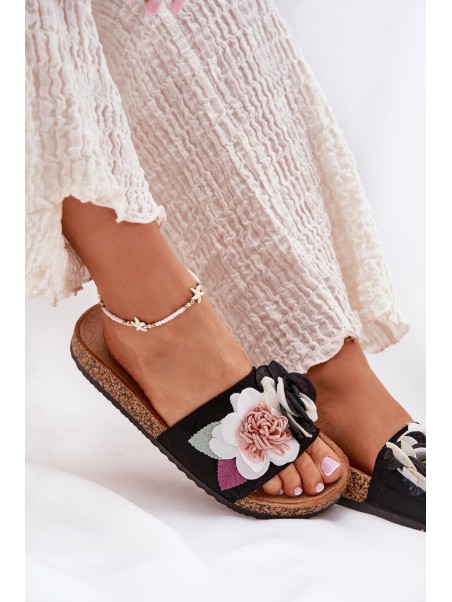 Women's Slides With Flowers On Cork Platform Black Zinrosa