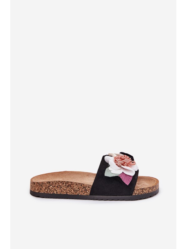 Women's Slides With Flowers On Cork Platform Black Zinrosa