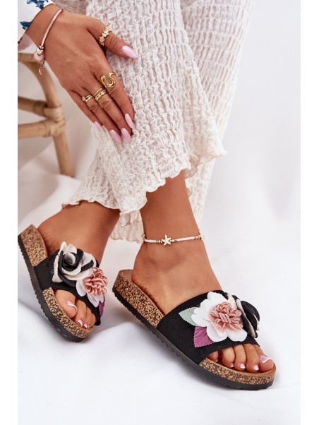 Women's Slides With Flowers On Cork Platform Black Zinrosa