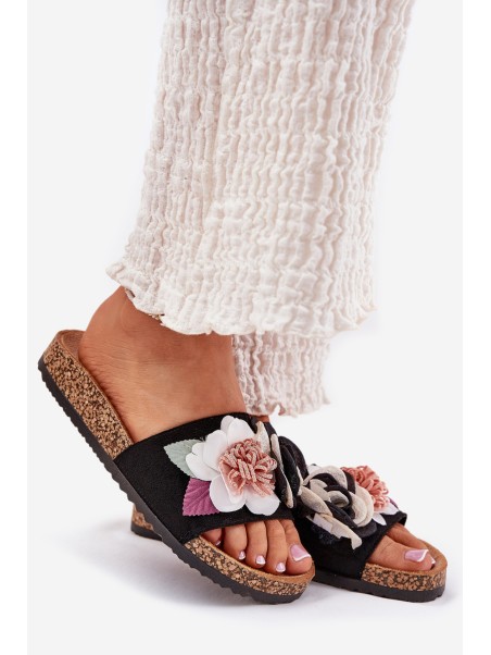 Women's Slides With Flowers On Cork Platform Black Zinrosa