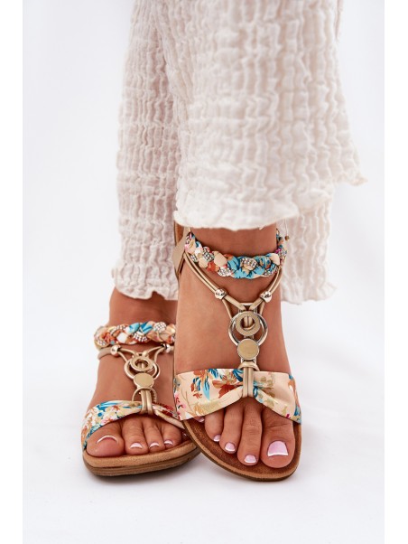 Women's Flat Sandals With Woven Strap And Decoration Artiker 56C1316 Gold
