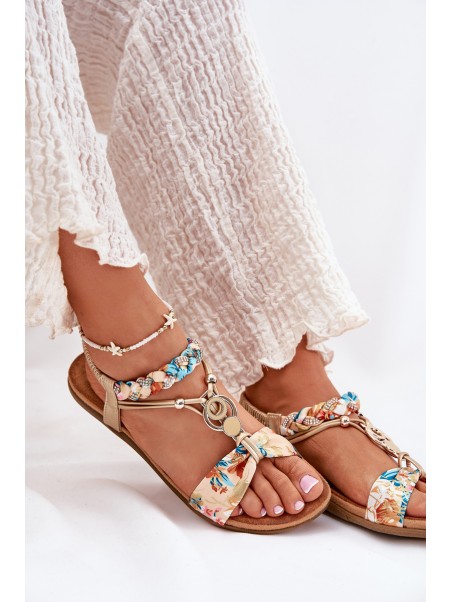 Women's Flat Sandals With Woven Strap And Decoration Artiker 56C1316 Gold