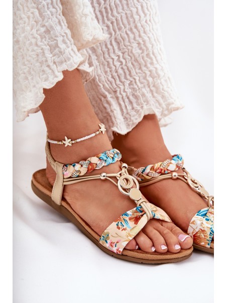Women's Flat Sandals With Woven Strap And Decoration Artiker 56C1316 Gold