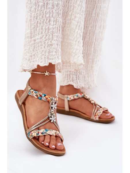 Ladies Flat Sandals With Woven Straps And Charms Artiker 54C1323 Gold