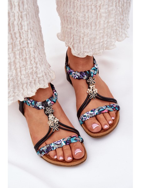 Women's Flat Sandals With Woven Straps And Embellishments Artiker Black 54C1331