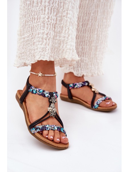 Women's Flat Sandals With Woven Straps And Embellishments Artiker Black 54C1331