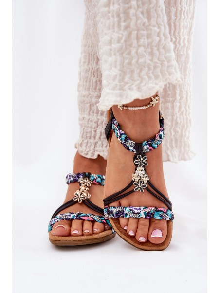 Women's Flat Sandals With Woven Straps And Embellishments Artiker Black 54C1331