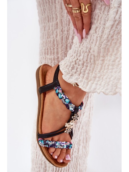 Women's Flat Sandals With Woven Straps And Embellishments Artiker Black 54C1331