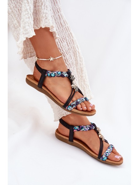 Women's Flat Sandals With Woven Straps And Embellishments Artiker Black 54C1331