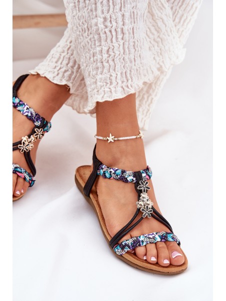 Women's Flat Sandals With Woven Straps And Embellishments Artiker Black 54C1331
