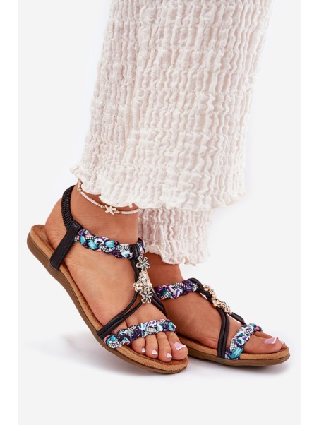 Women's Flat Sandals With Woven Straps And Embellishments Artiker Black 54C1331