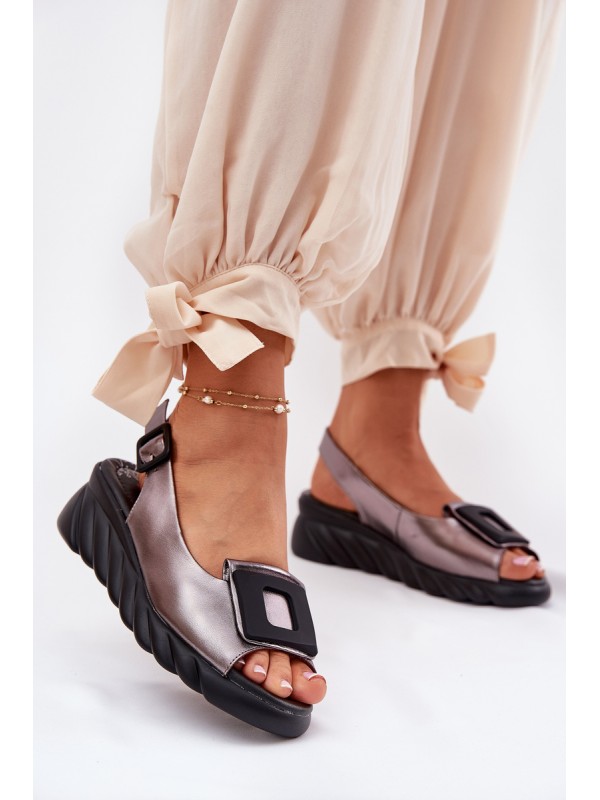 Ladies leather wedge sandals with decoration Artiker 56C2158 graphite