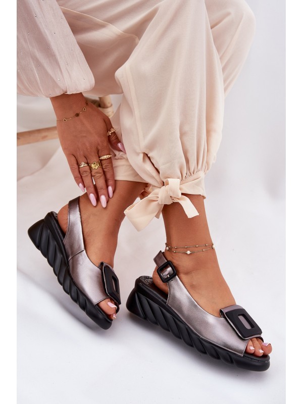 Ladies leather wedge sandals with decoration Artiker 56C2158 graphite