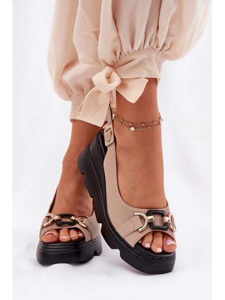 Ladies Leather Sandals On Wedge And Platform With Decoration Artiker 56C2209 Beige