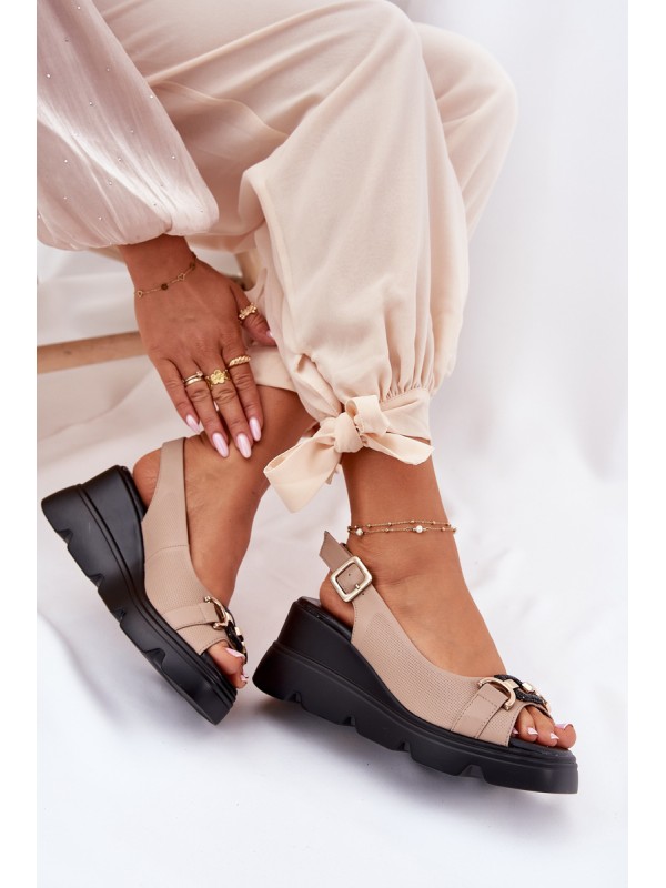 Ladies Leather Sandals On Wedge And Platform With Decoration Artiker 56C2209 Beige