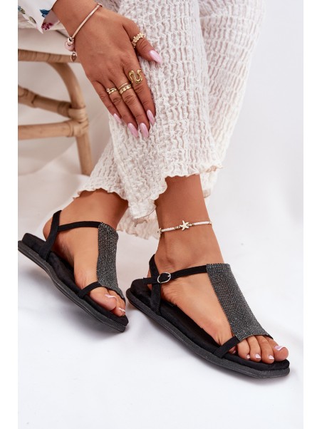 Flat Elegant Women's Sandals With Crystals Artiker 56C1370 Black