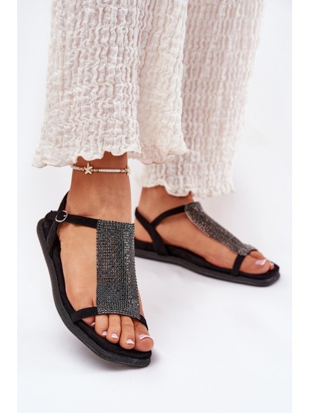Flat Elegant Women's Sandals With Crystals Artiker 56C1370 Black