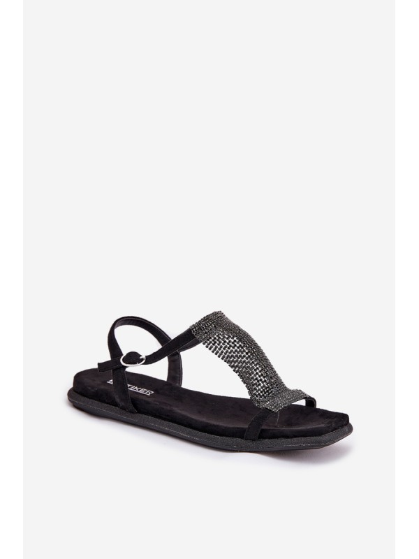 Flat Elegant Women's Sandals With Crystals Artiker 56C1370 Black