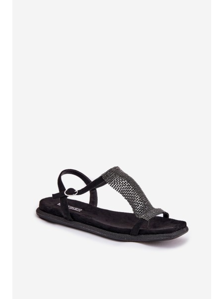 Flat Elegant Women's Sandals With Crystals Artiker 56C1370 Black