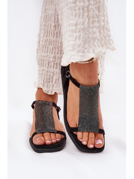 Flat Elegant Women's Sandals With Crystals Artiker 56C1370 Black