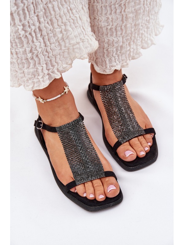 Flat Elegant Women's Sandals With Crystals Artiker 56C1370 Black