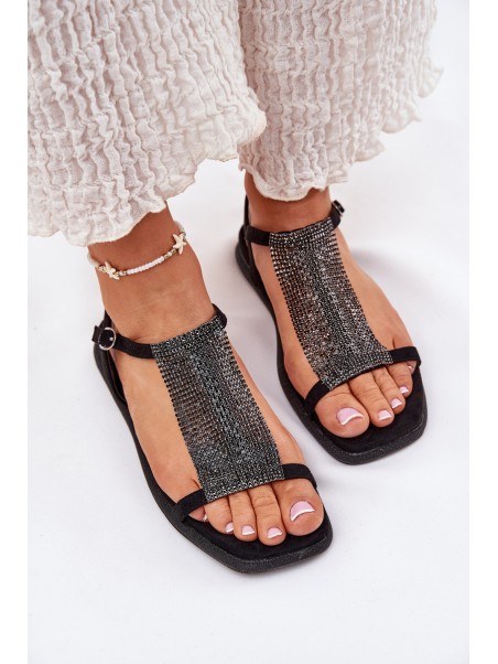 Flat Elegant Women's Sandals With Crystals Artiker 56C1370 Black