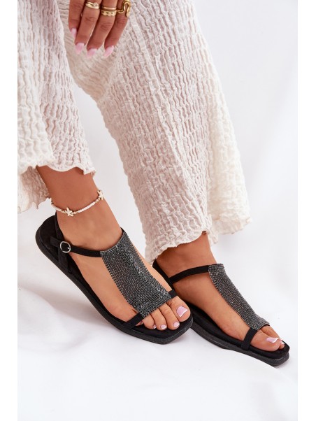 Flat Elegant Women's Sandals With Crystals Artiker 56C1370 Black